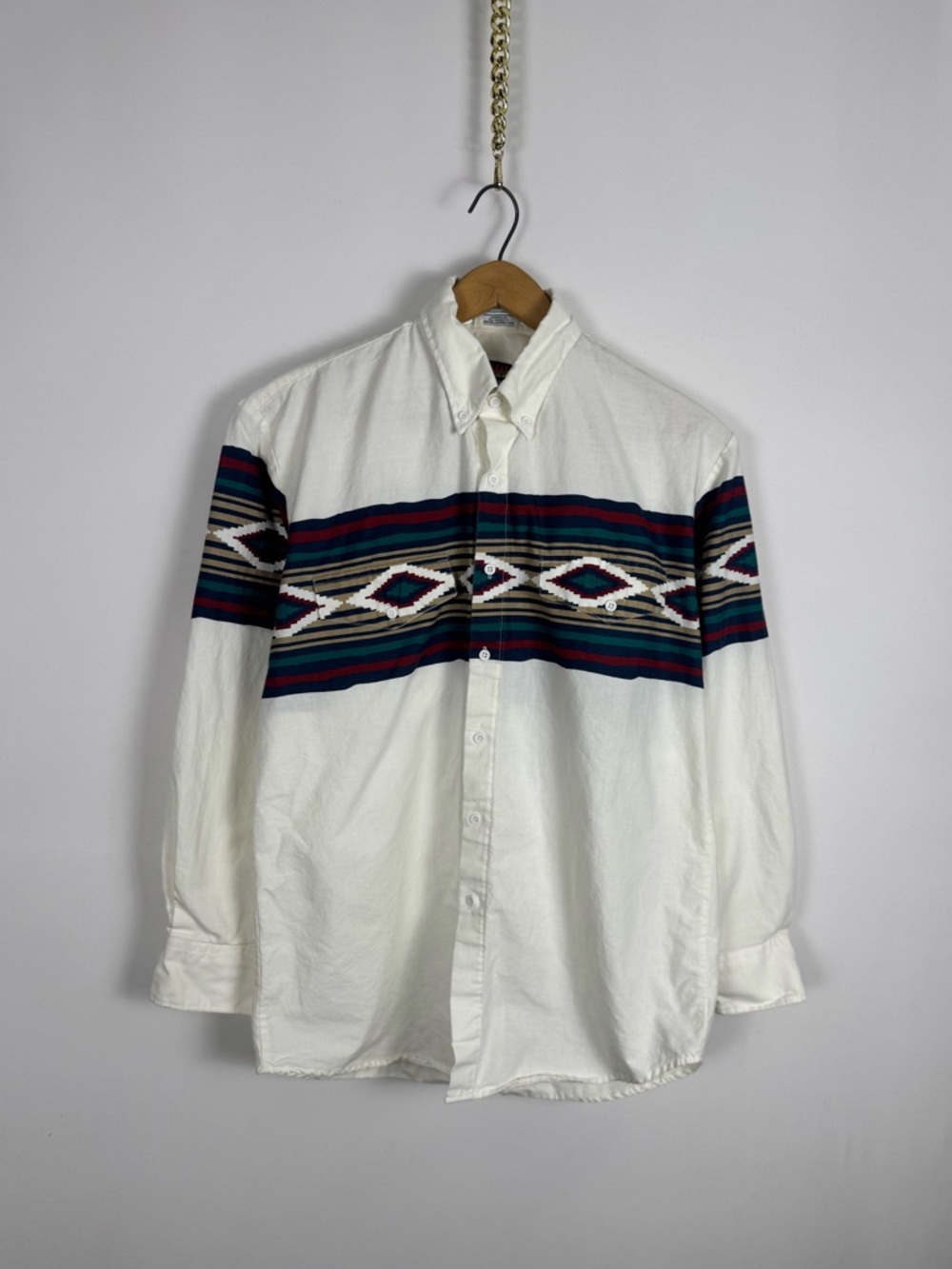Vintage 90s Karman Aztec White Button-Down Shirt with Multicolor Stripe